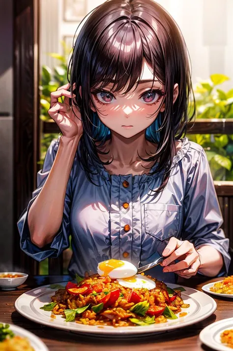 food, anime, manga, 1girl, a girl with 1 plate nasigoreng with one egg fried on plate, wooden table, details, hot, soft focus, dramatic light, low ligt, blurry background  <lora:add_detail:1>  <lora:ARWnasigoreng:1>