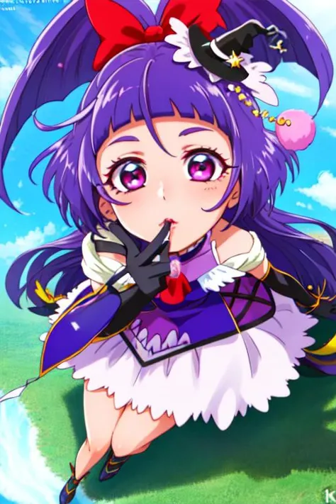 (((videographically-professionally-real-perfect, 8k-perfect, real-likeness-perfect))) genuine-1girl-only-scene  <lora:magic trigger -no idea-:1>magic, magical girl , purple hair ,solo ,inzayoi liko, black gloves, hair bow, full body, skirt, witch hat, hand_to_mouth, head tilt,