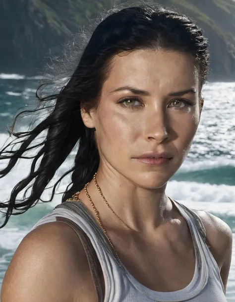 (closeup:1.2) skswoman, 1girl, solo, looking at viewer, black hair, tank top, jewelry, serious look, long hair, background ocean, realistic, wet lips, professional, 4k, highly detailed <lora:Evangeline Lilly:1.1>