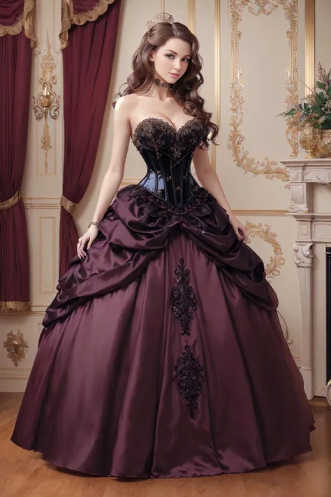 Beautiful brunette woman wearing a crimson ballgown lifting her skirt to show off her high heels, mascara and dark red lipstick, long curly brown hair in a fancy partial updo, onyx-and-ruby tiara, ruby earrings, black satin choker with a large ruby pendant, crimson ballgown with a full, floor-length skirt. The bodice is a corset with a halter top, a sweetheart neckline, and a V waist, with black lace trim and black beading. The crimson satin skirt has black lace trim and beading in patterns near the hem, black stretch satin opera gloves, onyx-and-ruby bracelet, dark stockings, and strappy black 4-inch stilettos.
