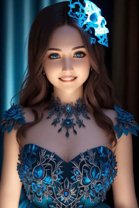 (epoxy_skull:1.128), closeup, closeup, shot, Masterpiece, absurdres, fine detail, HDR, highly detailed face and eyes, photorealistic, smiling, excited, ballgown, a woman in a blue dress posing for a picture , wearing a ballgown, <lora:ballgown:0.7> <lora:glowingSkullLora_v10:1>