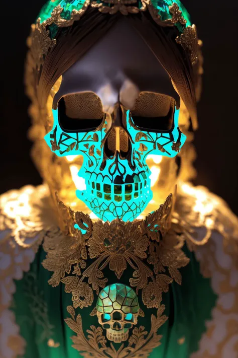(epoxy_skull:1.128), closeup, closeup, shot, Masterpiece, absurdres, fine detail, HDR, highly detailed face and eyes, photorealistic, smiling, excited,ballgown, a woman in a green dress posing for a picture, golden embroidery , wearing a ballgown, <lora:ballgown:0.7> <lora:glowingSkullLora_v10:1>