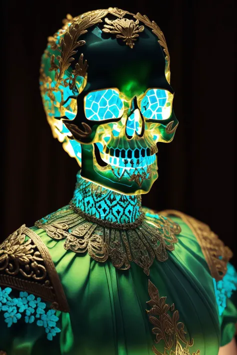 (epoxy_skull:1.128), closeup, closeup, shot, Masterpiece, absurdres, fine detail, HDR, highly detailed face and eyes, photorealistic, smiling, excited,ballgown, a woman in a green dress posing for a picture, golden embroidery , wearing a ballgown, <lora:ballgown:0.7> <lora:glowingSkullLora_v10:1>