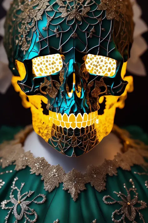 (epoxy_skull:1.128), closeup, closeup, shot, Masterpiece, absurdres, fine detail, HDR, highly detailed face and eyes, photorealistic, smiling, excited,ballgown, a woman in a green dress posing for a picture, golden embroidery , wearing a ballgown, <lora:ballgown:0.7> <lora:glowingSkullLora_v10:1>