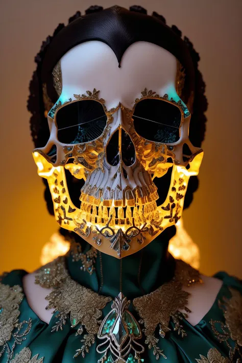 (epoxy_skull:1.128), closeup, closeup, shot, Masterpiece, absurdres, fine detail, HDR, highly detailed face and eyes, photorealistic, smiling, excited,ballgown, a woman in a green dress posing for a picture, golden embroidery , wearing a ballgown, <lora:ballgown:0.7> <lora:glowingSkullLora_v10:1>