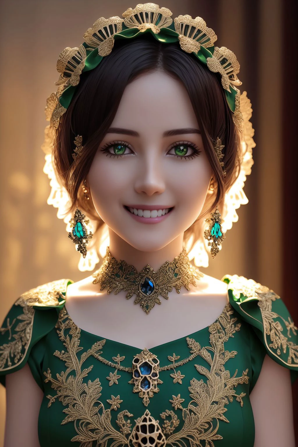 (epoxy_skull:1.128), closeup, closeup, shot, Masterpiece, absurdres, fine detail, HDR, highly detailed face and eyes, photorealistic, smiling, excited,ballgown, a woman in a green dress posing for a picture, golden embroidery , wearing a ballgown, <lora:ballgown:0.7> <lora:glowingSkullLora_v10:1>
