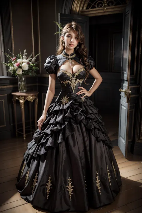 1Girl,anime style,dressed in a cyberpunk-inspired sexy Rococo dress,allowing for lifelike poses,perfect Body figure,large Breasts, Her dress merges the ornate elegance of Rococo with futuristic cyber elements. The fabric is a mix of rich silks and metallic materials, adorned with elaborate lace and digital patterns that glow subtly. The bodice is detailed with delicate ruffles and cybernetic embellishments, while the skirt flares out in layers, combining traditional Rococo volume with sleek, figurine,MasterF,Ice Dress