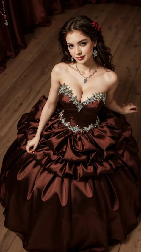 model, slender, pale skin, ballgown, wearing a ballgown, <lora:edgBallgown_MINI:1>, massive tits, hourglass waist, stunningly beautiful, smile, hourglass, massive tits, cleavage, slim waist, (from above :1.2), (bent over:1.4), (looking at viewer:1.1), diamond earrings, ruby necklaces and pendants, <lora:add_detail:0.3>, <lora:more_details:0.1>,