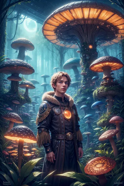 <lora:add_detail:1>
(1man, thin adult male:1.2), aquamarine eyes, blonde hair, straight hair,
portrait, solo, half shot, looking up, detailed background, detailed face, (<lora:SolarpunkAI:0.6>, SolarpunkAI, solarpunk theme:1.1) mushroom druid, mushroom themed dark brown clothing, natural, druidic, magical glowing mushrooms, floating spores, mushroom garden in background, eerie dark night, blue magical lights, ethereal atmosphere,