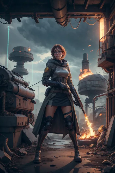 8k uhd, (best quality:1.2), (masterpiece:1.2), very detailed, intricate details, hyper detailed, <lora:realistic:0.3>, <lora:sharpen-soften:-0.25>,
1 girl, adult (elven:0.7) woman, freckles, yellow eyes, chestnut textured hair,
(style-rustmagic:0.8), (medieval cyborg:0.8), portrait, (bloody wounds:0.7), looking up, solo, (full body:0.6), detailed background, (<lora:SolarpunkAI:0.6>, SolarpunkAI, solarpunk theme:1.1) determined expression, dynamic pose, dark clouds engineer, floating gears, dark blue trenchcoat with gears, techwear, hood, medieval glasses, grenade, war machines on battlefield in background, engineering, furnace, grime, screen, rivets, clockwork, electricity, flames epic atmosphere,