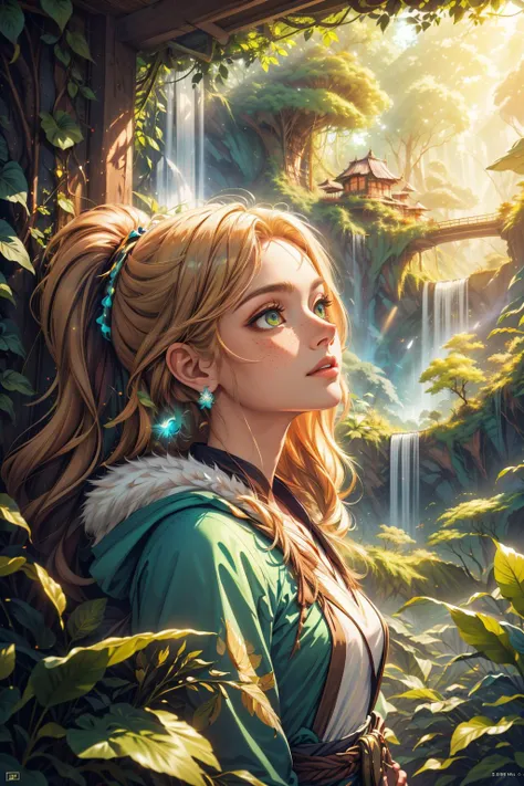 (masterpiece, best quality), <lora:add_detail_v5:1>, <lora:stylesqueeze_v1b:0.5>,
1 girl, adult (elven:0.7) woman, freckles, amber eyes, blonde ponytail,
(style-swirlmagic:0.8), focus on character portrait, solo, half shot, looking up, detailed background, detailed face, (<lora:SolarpunkAI:0.5>, green-powered, solarpunk theme:1.1), serene expression, forest druid, wearing natural colored brown robes, hood, fur-lined, druid staff, feathers, restoration spell, sigils, glowing orbs, mushrooms, bushes, filtered light, waterfall in background, natural uplifting atmosphere,
