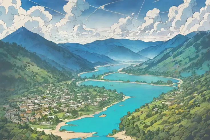 <lora:SolarpunkAI:0.5>, SolarpunkAI, solarpunk, graphic novel flat colors style, cropped detail, fine intricate lineart, hatched shadows, illustration of a magical landscape, BREAK beach bay of lake, forrest in the background, countryside mountains, Meandering and Wild Jungle River many small clouds, lighting strikes, heavy mist,