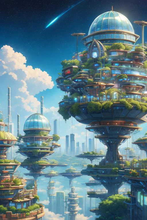 (80s anime style) detailed background, (<lora:SolarpunkAI:0.6>, green-powered, solarpunk theme:1.1), cloudtop sky-city, floating platforms, floating buildings, dome, clouds in background, cinematic atmosphere, dark starry night,, BREAK, high quality, highres, sharp, ,