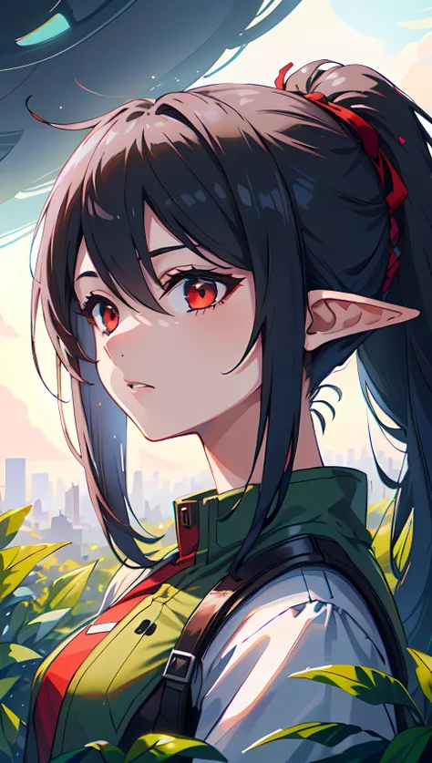 1girl, elf, long black hair, ponytail, (portrait:1.3), red eyes, ponytail hairstyle, black imperator outfit, solarpunkai, <lora:SolarpunkAI:1>
