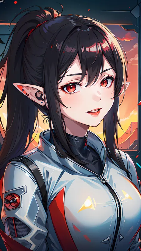 1girl, elf, long black hair, ponytail, (pointy ears) (portrait:1.3), red eyes, ponytail hairstyle, evil smile, (black with red accents world war 3 pilot outfit:1.5), solarpunkai, <lora:SolarpunkAI:1>