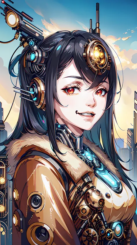 1girl, elf, long black hair, ponytail, (pointy ears) (portrait:1.3), red eyes, ponytail hairstyle, evil smile, (black with red accents steampunk cyborg outfit:1.5), solarpunkai, <lora:SolarpunkAI:1>