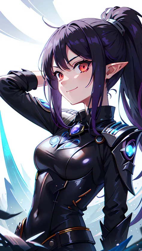 1girl, elf, long black hair, ponytail, (pointy ears) (portrait:1.3), red eyes, ponytail hairstyle, evil smile, (black imperator outfit:1.5), solarpunkai, <lora:SolarpunkAI:1>