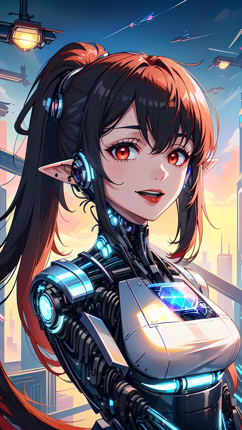 1girl, elf, long black hair, ponytail, (pointy ears) (portrait:1.3), red eyes, ponytail hairstyle, evil smile, (black with red accents solarpunk cyborg outfit:1.5), solarpunkai, <lora:SolarpunkAI:1>