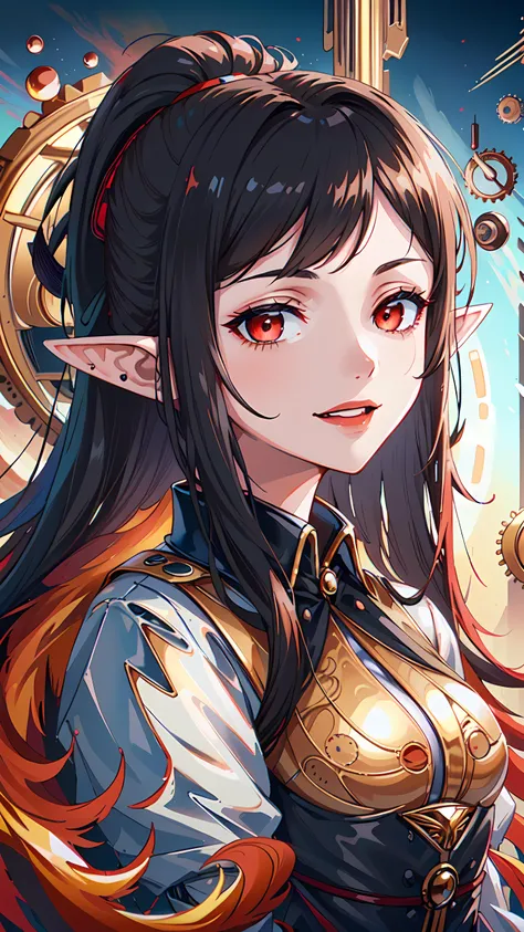1girl, elf, long black hair, ponytail, (pointy ears) (portrait:1.3), red eyes, ponytail hairstyle, evil smile, (black with red accents clockwork outfit:1.5), solarpunkai, <lora:SolarpunkAI:1>