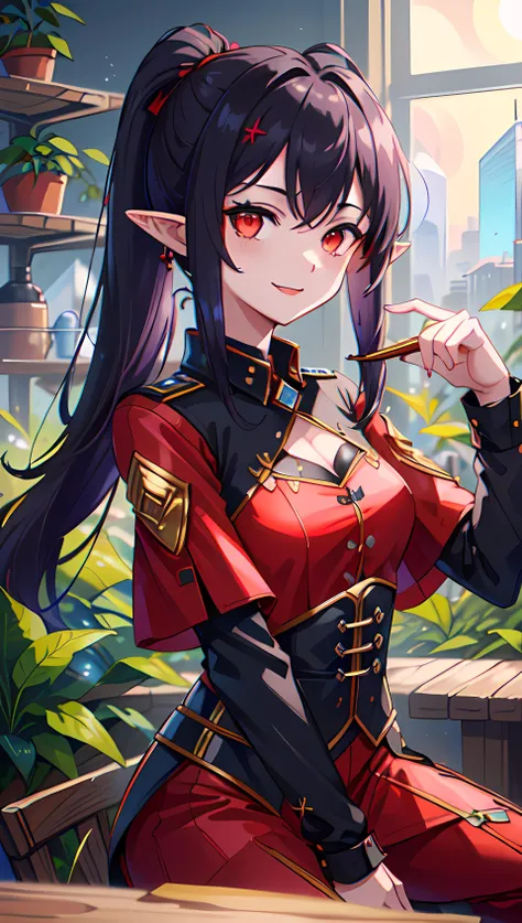 1girl, elf, long black hair, ponytail, (pointy ears) (portrait:1.3), red eyes, ponytail hairstyle, evil smile, (black with red accents imperator outfit:1.5), solarpunkai, <lora:SolarpunkAI:1>