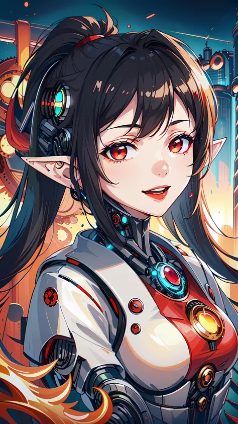 1girl, elf, long black hair, ponytail, (pointy ears) (portrait:1.3), red eyes, ponytail hairstyle, evil smile, (black with red accents clockwork cyborg outfit:1.5), solarpunkai, <lora:SolarpunkAI:1>