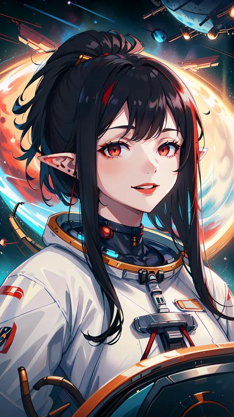 1girl, elf, long black hair, ponytail, (pointy ears) (portrait:1.3), red eyes, ponytail hairstyle, evil smile, (black with red accents astronaut outfit:1.5), solarpunkai,  <lora:SolarpunkAI:1>