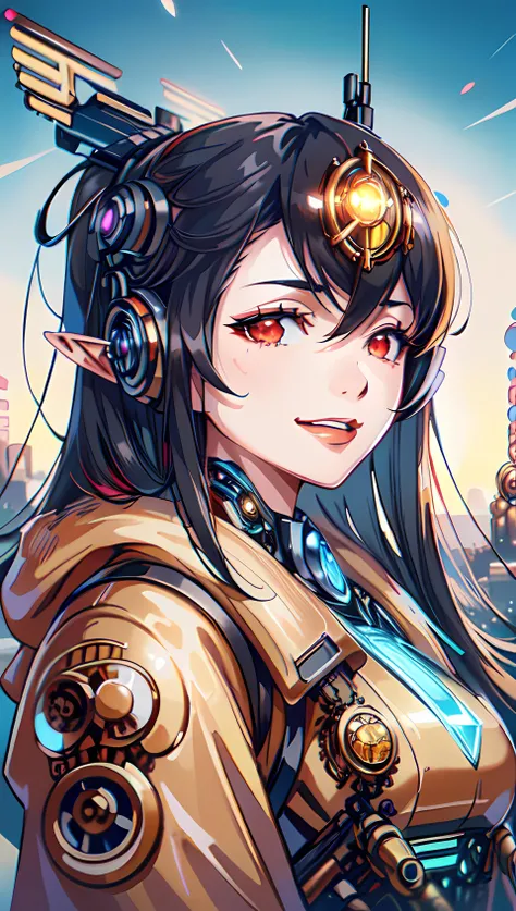 1girl, elf, long black hair, ponytail, (pointy ears) (portrait:1.3), red eyes, ponytail hairstyle, evil smile, (black with red accents steampunk cyborg outfit:1.5), solarpunkai, <lora:SolarpunkAI:1>