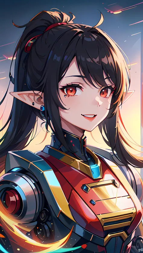1girl, elf, long black hair, ponytail, (pointy ears) (portrait:1.3), red eyes, ponytail hairstyle, evil smile, (black with red accents robot mage outfit:1.5), solarpunkai, <lora:SolarpunkAI:1>