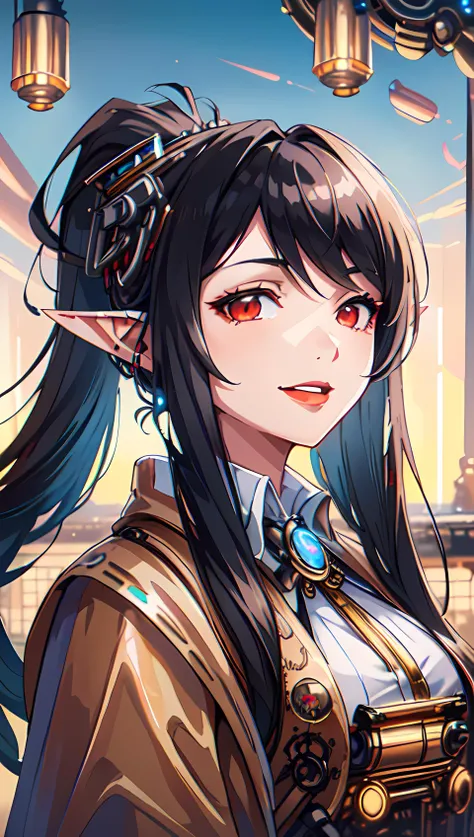 1girl, elf, long black hair, ponytail, (pointy ears) (portrait:1.3), red eyes, ponytail hairstyle, evil smile, (black with red accents steampunk outfit:1.5), solarpunkai, <lora:SolarpunkAI:1>