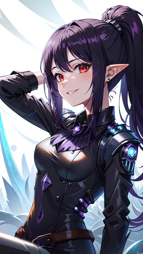 1girl, elf, long black hair, ponytail, (pointy ears) (portrait:1.3), red eyes, ponytail hairstyle, evil smile, (black imperator outfit:1.5), solarpunkai, <lora:SolarpunkAI:1>