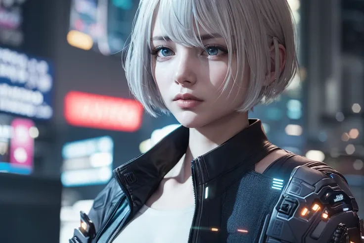 solo,symmetrical,(silver hair|blue hair),shiny skin,best quality, masterpiece,small breasts,1girl,yun,cute,professional lighting,cinematic lighting,ray tracing,half body, <lora:yun1:1>,fashion girl,white shirt,half body,skyline, (((cyberpunk ))),