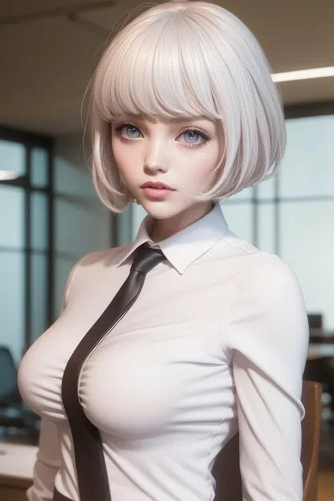 solo,symmetrical,silver hair,side ponytail,shiny skin,white shirt,best quality, masterpiece,small breasts,1girl,yun,cute,profession lighting,half body, indoors, <lora:yun1:1>,fashion girl,office lady, looking at viewer,