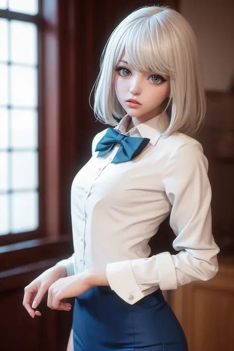 solo,symmetrical,silver hair,shiny skin, best quality, masterpiece,small breasts,1girl,yun,cute,profession lighting,half body,white shirt with blue bowtie,pantyhose,open clothes, indoors, <lora:yun1:1>,