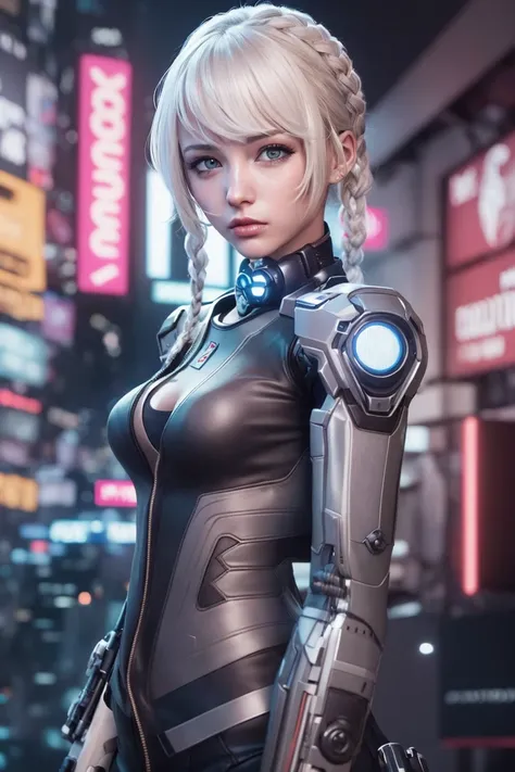 solo,symmetrical,silver hair,single braid,shiny skin,(dirty face),Resolute eyes,best quality, masterpiece,small breasts,1girl,yun,cute,profession lighting,cinematic lighting,upper body, <lora:yun1:1>,fashion,uniform,looking at viewer,skyline, (((cyberpunk ))),cowboy shot, mechanical parts,