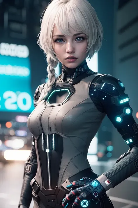 solo,symmetrical,silver hair,single braid,shiny skin,(dirty face),best quality, masterpiece,small breasts,1girl,yun,cute,profession lighting,cinematic lighting,upper body, <lora:yun1:1>,fashion,uniform,looking at viewer,skyline, (((cyberpunk ))),cowboy shot, mechanical parts, lightsaber,