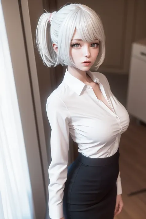 solo,symmetrical,silver hair,side ponytail,shiny skin,white shirt,best quality, masterpiece,small breasts,1girl,yun,cute,profession lighting,half body, indoors, <lora:yun1:1>,fashion girl,office lady, looking at viewer,