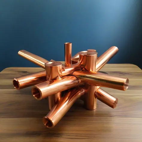 <lora:Burr_Puzzle:1> a handcrafted Kayak in the style of a burr puzzle made from Copper pipe, on a fancy table in island, studio photography, detailed background, gaps, split, joinery, toy