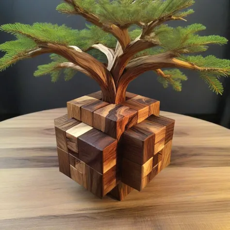 <lora:Burr_Puzzle:1> a handcrafted Pocket-sized game in the style of a burr puzzle made from Walnut, on a fancy table in lightning-struck tree, studio photography, detailed background, gaps, split, joinery, toy