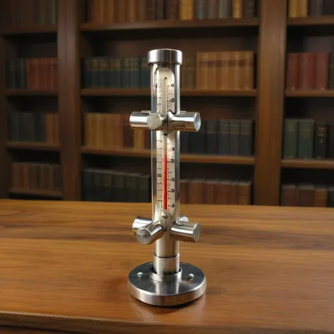 <lora:Burr_Puzzle:1> a handcrafted Thermometer in the style of a burr puzzle made from Steel pipe, on a fancy table in haunted library, studio photography, detailed background, gaps, split, joinery, toy