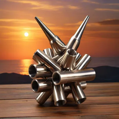 <lora:Burr_Puzzle:1> a Oryx in the style of a burr puzzle made of Steel pipe, on a wooden table, studio photography, sunset, detailed background