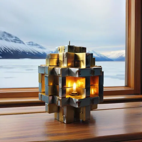 <lora:Burr_Puzzle:1> a handcrafted Lantern in the style of a burr puzzle made from Metal, on a fancy table in arctic research station, studio photography, detailed background, gaps, split, joinery, toy