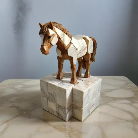 <lora:Burr_Puzzle:1> a handcrafted Pony foal in the style of a burr puzzle made from Marble, on a fancy table in broken dam, studio photography, detailed background, gaps, split, joinery, toy