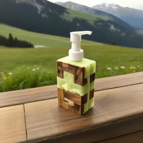 <lora:Burr_Puzzle:1> a handcrafted Mini hand sanitizer in the style of a burr puzzle made from Fiberglass, on a fancy table in alpine meadow, studio photography, detailed background, gaps, split, joinery, toy