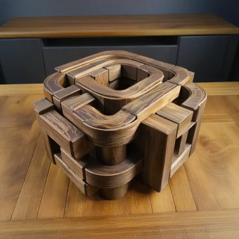 <lora:Burr_Puzzle:1> a handcrafted Hose in the style of a burr puzzle made from Shale, on a fancy table in underground maze, studio photography, detailed background, gaps, split, joinery, toy