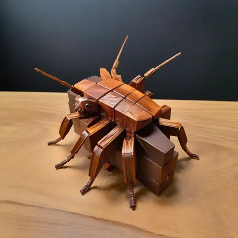 <lora:Burr_Puzzle:1> a handcrafted Cockroach in the style of a burr puzzle made from LDPE, on a fancy table in volcanic ridge, studio photography, detailed background, gaps, split, joinery, toy