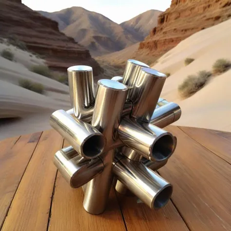 <lora:Burr_Puzzle:1> a handcrafted Cute Creature in the style of a burr puzzle made from Steel pipe, on a fancy table in desert canyon, studio photography, detailed background, gaps, split, joinery, toy