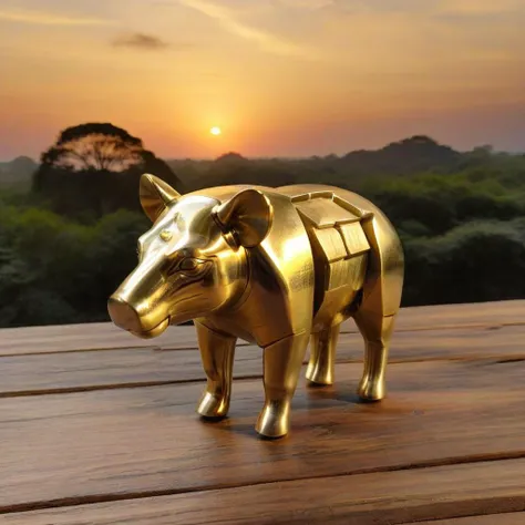 <lora:Burr_Puzzle:1> a Tapir in the style of a burr puzzle made of Brass, on a wooden table, studio photography, sunset, detailed background