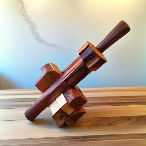 <lora:Burr_Puzzle:1> a handcrafted Baseball bat in the style of a burr puzzle made from Mahogany, on a fancy table in wind farm, studio photography, detailed background, gaps, split, joinery, toy