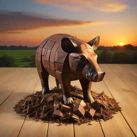<lora:Burr_Puzzle:1> a Tapir in the style of a burr puzzle made of Mulch, on a wooden table, studio photography, sunset, detailed background