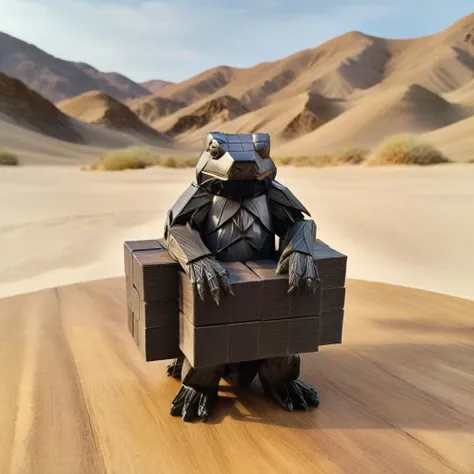 <lora:Burr_Puzzle:1> a handcrafted Kappa in the style of a burr puzzle made from Carbon nanotubes, on a fancy table in desert mirage, studio photography, detailed background, gaps, split, joinery, toy